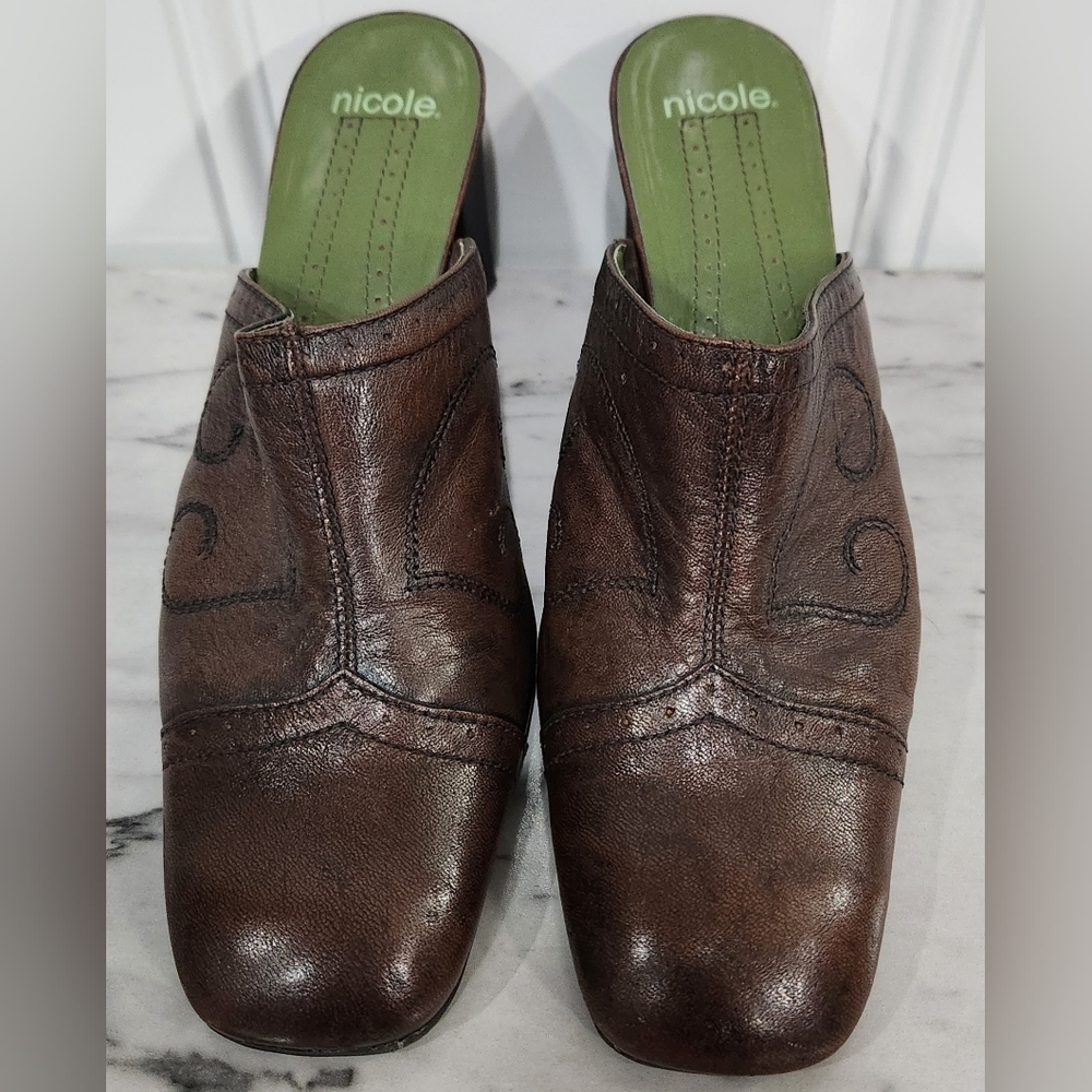 Nicole Odell Y2K 90s brown leather mules women's size 7.5 M
